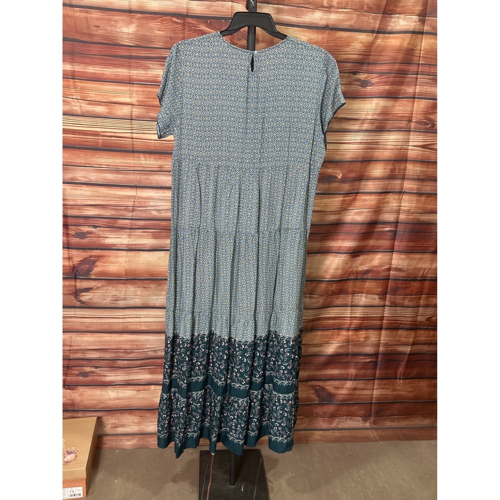 Yak & Yeti Women XL Teal Blue Geometric Floral Tiered Rayon Maxi Dress Pockets - Picture 4 of 5